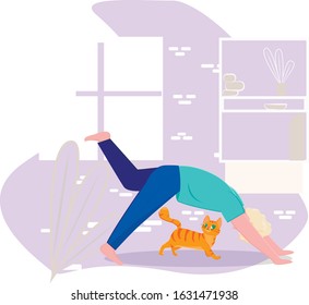 
Young man with a cat engaged in exercises, vector illustration