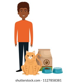 young man with cat and food