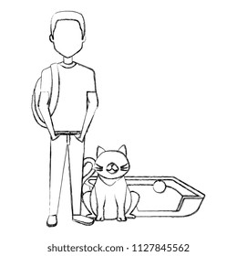 young man with cat and sand box