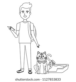 young man with cat and sand box