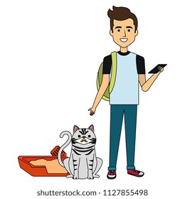 young man with cat and sand box