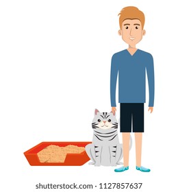 young man with cat and sand box