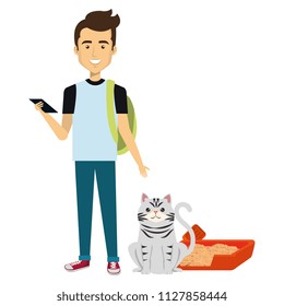 young man with cat and sand box