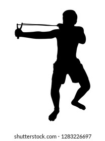 Young man with catapult silhouette vector
