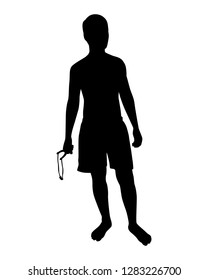 Young man with catapult silhouette vector