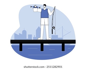 Young man catches fish after fishing, water, blue, semi outline style, vector illustration.