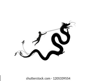 young man catching the fairy dragon and holding it on the thread, hero, black and white, vector,