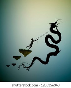 young man catching the fairy dragon and holding it on the thread, scene from the fairytale in the dreamland, hero, black and white, vector,