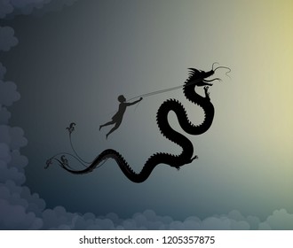 young man catching the fairy dragon and holding it on the thread, battle on the sky with dragon, scene from the fairytale in the dreamland, hero, black and white, vector,