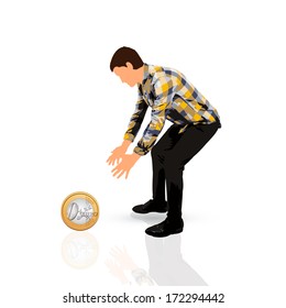 young man catching a zero euro coin