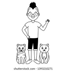 young man and cats pets