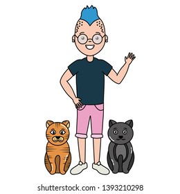 young man and cats pets