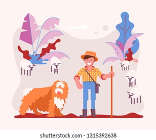 Young man cattleman with his Shepherd dog graze sheep in pasture. Cartoon Character of pet and his owner. Art Vector illustration