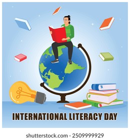 A young man celebrates Literacy Day by reading a book. Background of books and educational equipment. Happy Literacy Day concept. Flat vector illustration.