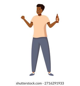 Joven celebrando con una botella de cerveza en la mano, expresando alegría y emoción