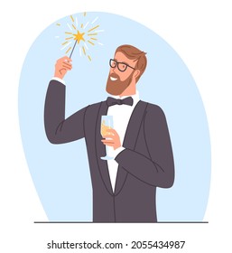 Young man celebrating Christmas and New Year with sparklers in hands. Flat vector illustration of people holding festive fireworks with sparks isolated on white background.