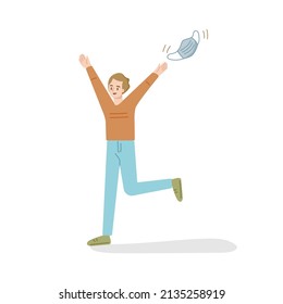 A young man celebrating the end of the COVID-19 virus pandemic tossing surgical masks into the air. Hand drawn vector illustration. 