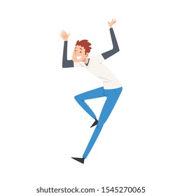 Young Man Celebrating Event, Smiling Guy Dancing at Party Vector Illustration