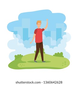 young man celebrating in the field character
