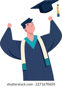 Young man celebrating his graduation. Graduate with a diploma and graduate cap. Concept for happy graduation poster or card template design. Flat vector illustration