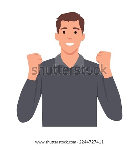 Young man celebrating victory expressing success, power, energy and positive emotions. Person is clenching his fists. Successful man raised hand fists. Flat vector illustration isolated on white