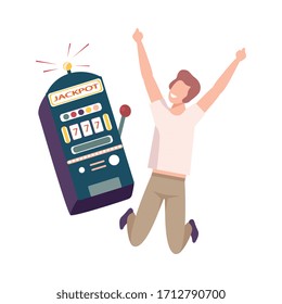 Young Man Celebrating Winning of Money on One Armed Bandit, Lucky Guy Won Money Prize in Casino Gamble Flat Vector Illustration