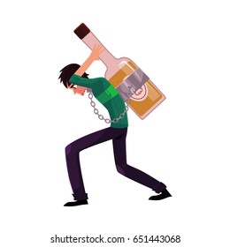 Young man chained to huge bottle of liquor, carrying it on his back, alcohol dependence concept, cartoon vector illustrations isolated on white background. Man chained to alcohol bottle on his back