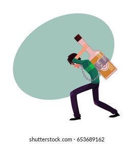 Young man chained to huge bottle of liquor, carrying it on his back, alcohol dependence concept