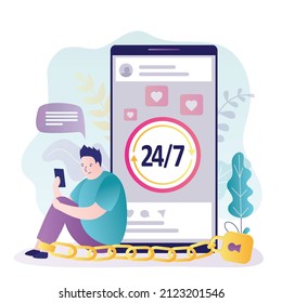 El joven está encadenado al teléfono móvil. Dependencia de gadgets, Internet. adicción a las redes sociales. Problemas psicológicos. Smartphone y personaje masculino infeliz. Ilustración vectorial plana