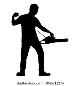 Young man with chainsaw silhouette vector