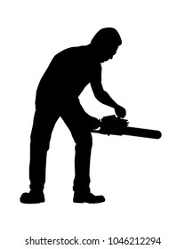 Young man with chainsaw silhouette vector