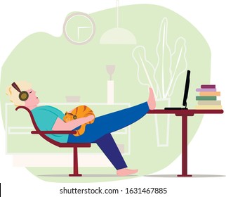 Young man in a chair with a cat, in headphones, vector illustration