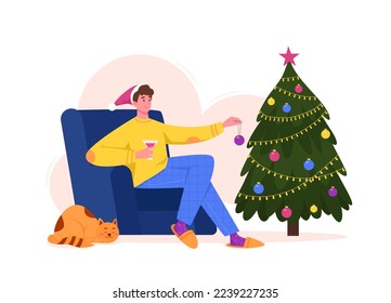 Young man in chair decorating Christmas tree with baubles and garlands. Merry Christmas and a happy new year preparing for holiday celebration. Cozy colorful vector illustration in flat cartoon style