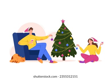 Young man in chair and woman on the floor decorating Christmas tree with baubles and garlands. Merry Christmas and a happy new year family preparing for holiday celebration. Cozy vector illustration