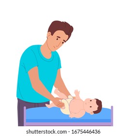 young man changes diapers to his little son. The baby lies on the changing table, and dad does his hygiene, takes care of the baby. Dad, stay home, in maternity leave. vector illustration  