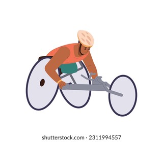 Young man character with amputated legs riding in wheelchair taking part in speed racing competition