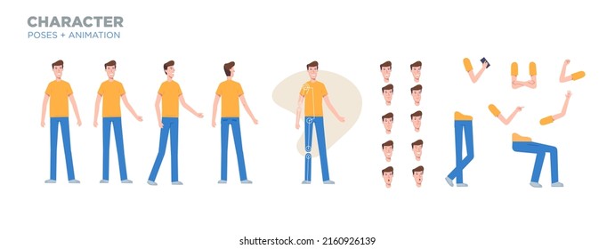 Young man character for animation. Creation set with various views, face emotions, poses and gestures.