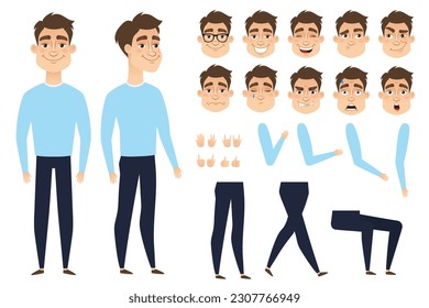 Young man, character for animation. Set of face emotions, poses and gestures