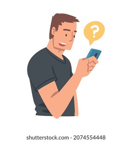 Young Man Character Asking Question Using Internet Search System on His Smartphone Vector Illustration