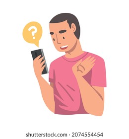 Young Man Character Asking Question Using Internet Search System on His Smartphone Vector Illustration
