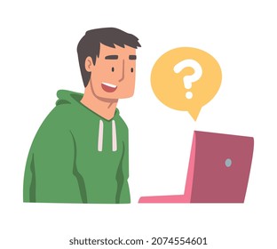 Young Man Character Asking Question Using Internet Search System on His Laptop Vector Illustration