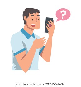 Young Man Character Asking Question Using Internet Search System on His Smartphone Vector Illustration