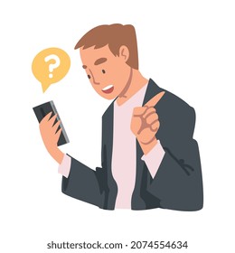 Personaje joven haciendo preguntas usando el sistema de búsqueda de Internet en su ilustración del vector Smartphone
