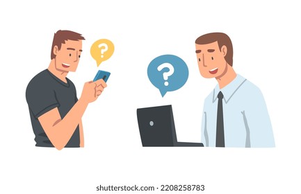 Young Man Character Asking Question Using Internet Search System on Smartphone and Laptop Vector Set