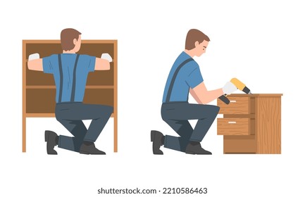 Young Man Character Assembling and Installing Wooden Furniture Vector Set
