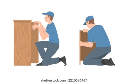Young Man Character Assembling and Installing Wooden Furniture Vector Set