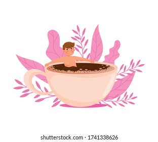 Young Man Character Bathing in Huge Coffee Cup with Floral Backdrop Vector Illustration