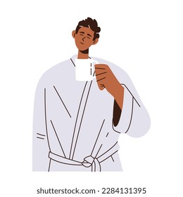 Young man character bathrobe standing with cup of hot coffee enjoying morning aroma drink