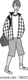 Young man character black and white vector illustration on white background