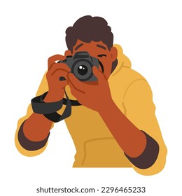 El Personaje Joven Capta Momentos Con Cámara, Documentando Sus Viajes Y Experiencias. Su Pasión Por La Fotografía Le Lleva A Explorar El Mundo Con Aventuras. Ilustración de vectores de personas de caricatura